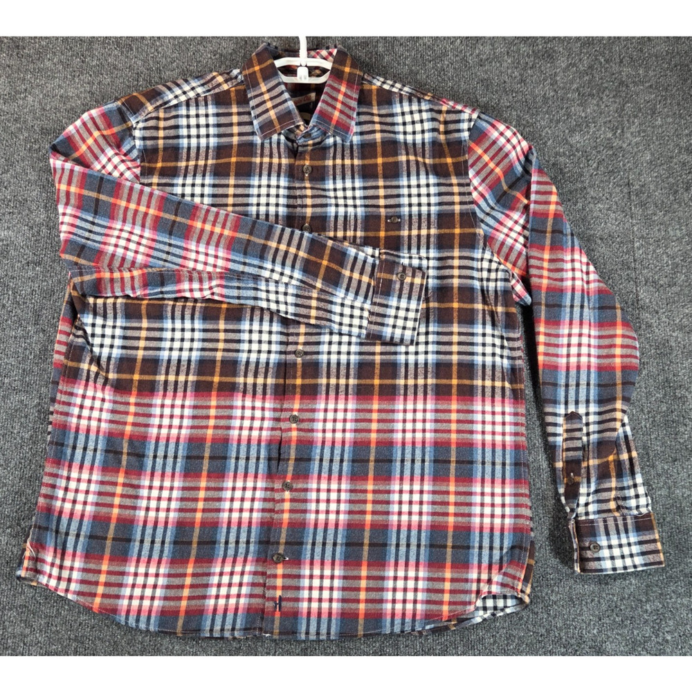 Johnnie-O Shirt Mens Large Hangin' Out Brown Red Blue Plaid Long Sleeve Flannel